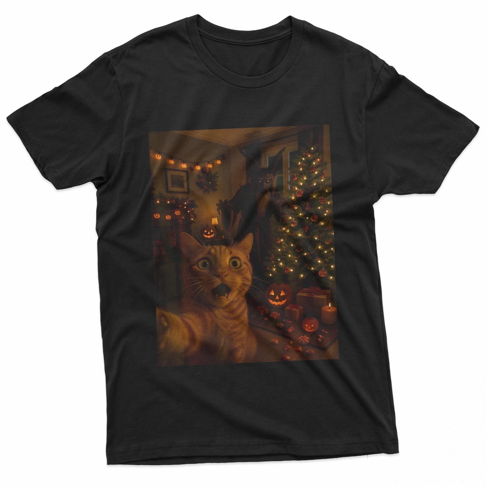 Scared Tabby Cat Selfie Krampus Halloween Christmas Evening T-Shirt Unisex T-Shirt XXXL