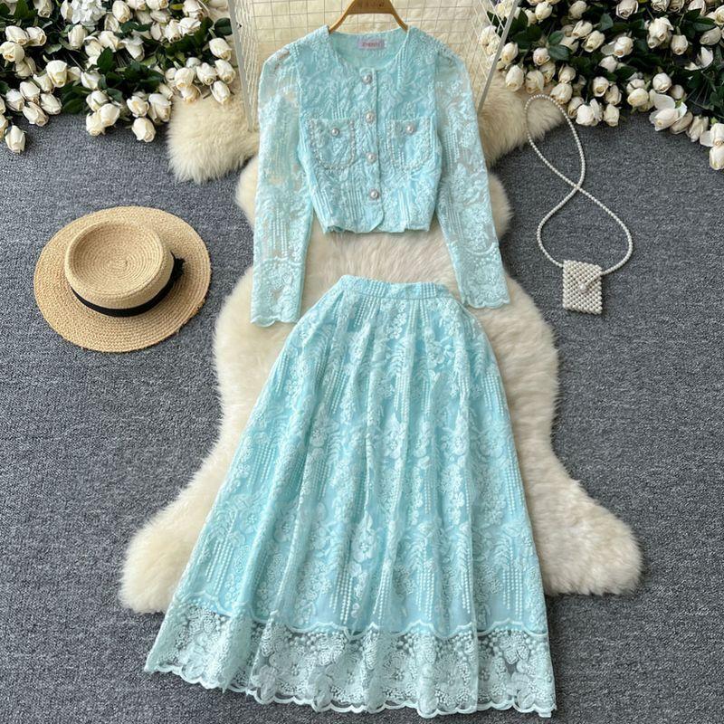 Classic Style round Neck Puff Sleeves Large Swing Autumn Clothing Lace