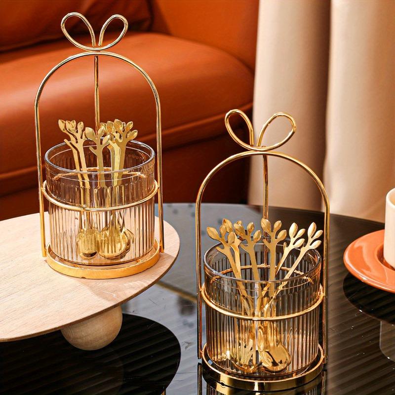 Glass Cup Stainless Steel Coffee Spoon Set Storage Jar Iron Stand Pieces Kitchen Organizer Home Restaurant