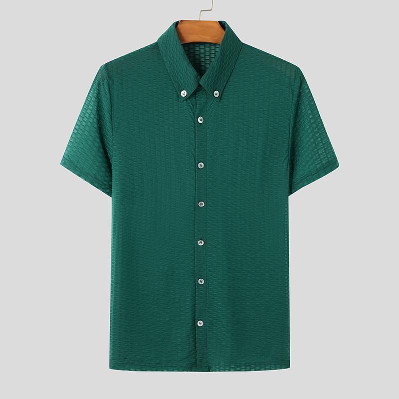 

INCERUN Summer Men Lapel Neck Short Sleeve Buttons Semi-Sheer Casual Fitted Shirts Tops 3XL зелёный
