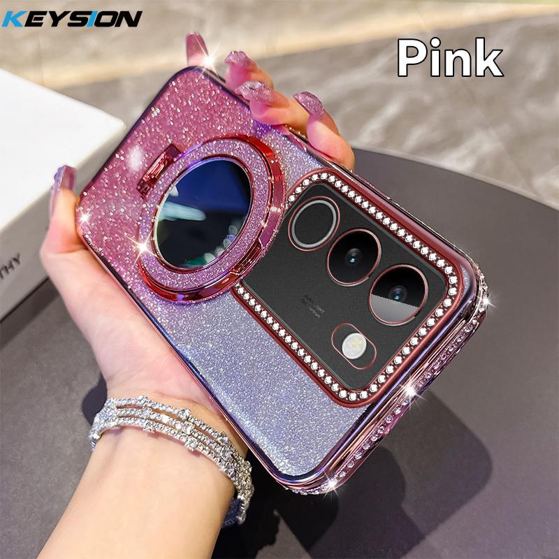 

KEYSION Роскошный блестящий магнитный чехол для телефона с драгоценными камнями для VIVO V29 5G V27 5G, зеркало для макияжа, металлическая кольцевая подставка, противоударная задняя крышка for VIVO V29 5G розовый