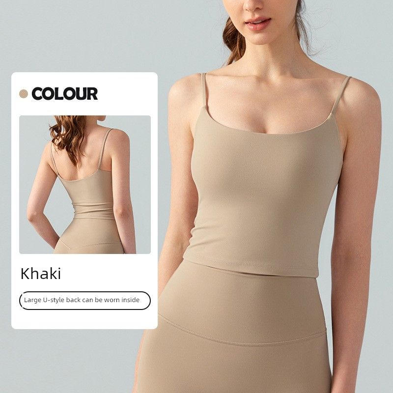 

Export New Arrival Yoga Vest Workout Running Top Spaghetti Strap Slim Looking Quick-Drying Semi-Fixed Cup Sports Bra for Women Khaki(Semi-Fixed Cup) M