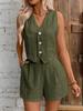 European-American Linen Tank Top & Shorts Commute Set – V-Neck Spring/Summer Women's Casual Wear