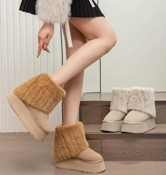 Fashion 11CM Cow Leather Flat Autumn Women Motorcycle Mid-calf Booties Platform Fashion Winter Warm Plush Turned-over Edge Snow Boots