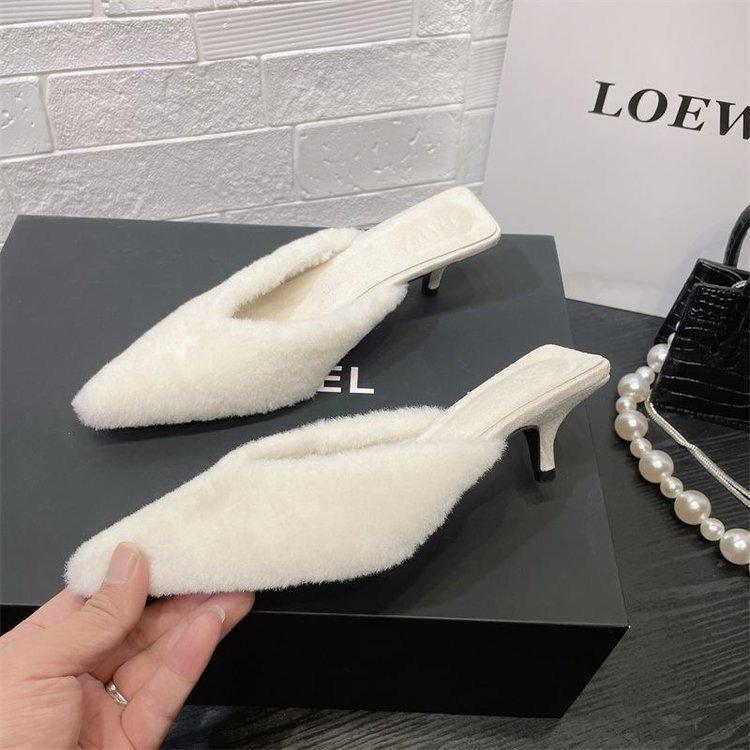 

Fashion leopard print fluffy shoes for women to wear outside autumn and winter new pointed special-shaped medium heel versatile women s half slippers 35 белый