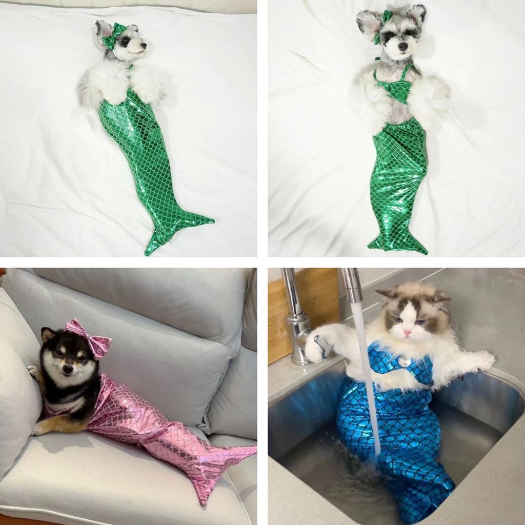 Dog Costume Pet Mermaid Bra Tail Bikini Clothing Bowknot Dressing Up Swimwear
