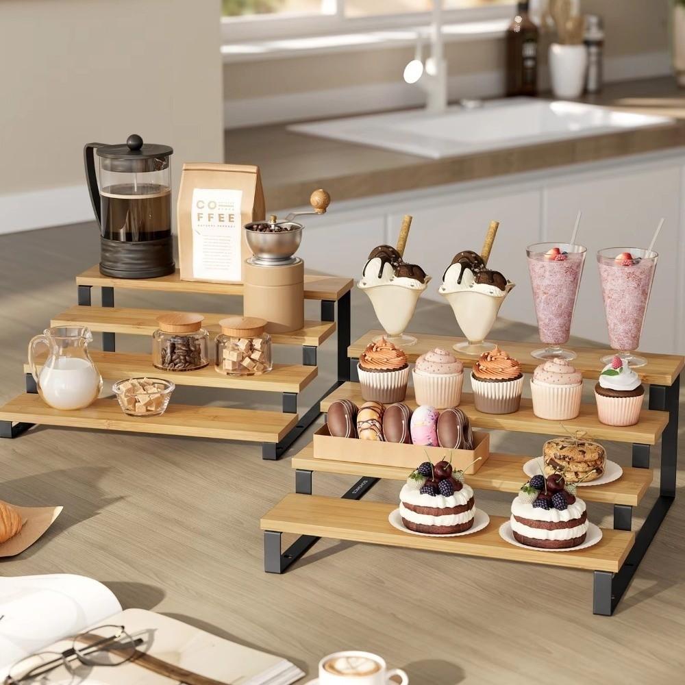 Large Capacity Expandable Step Storage Rack Bamboo Model Display Stand  For Kitchen