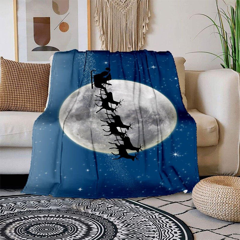 Christmas Moon Santa Claus Sleigh Reindeer Night Sky Poster PrintBlanket Flannel Throw Blanket for Sofa, Bed, Travel, Camping, Office, Couch 150x180cm