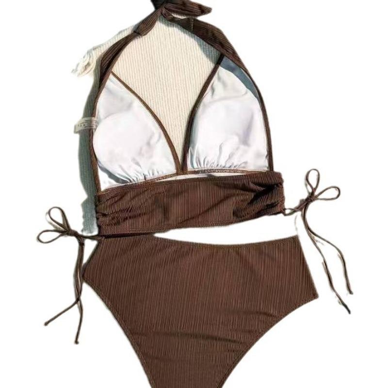 New European and American Swimsuit Special Fabric Solid Color Neck Women's Split Bikini Swimsuit