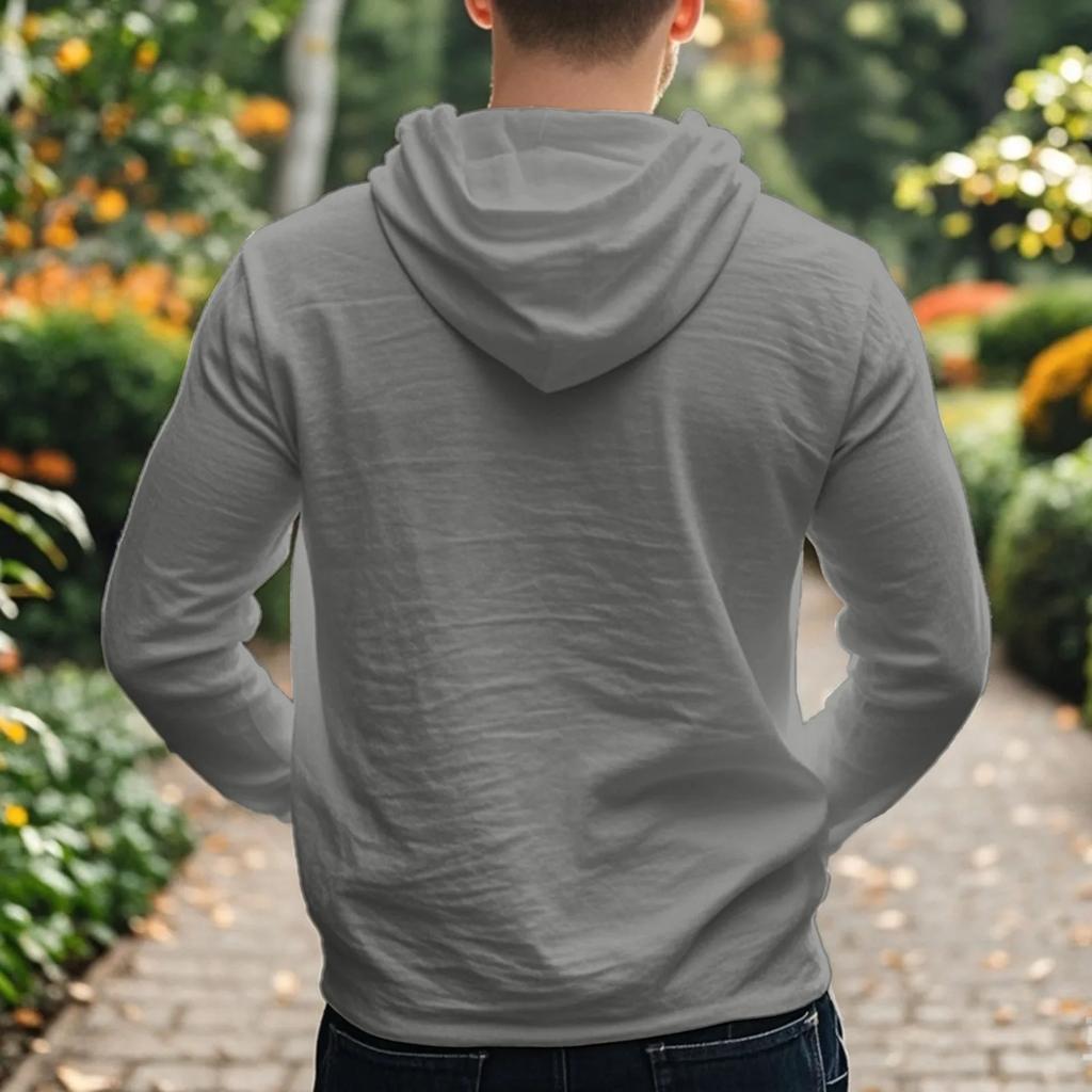 Spring Summer Men's Hooded T-Shirts Linen Solid Color Casual Button Long Sleeve Thin T Shirt Men