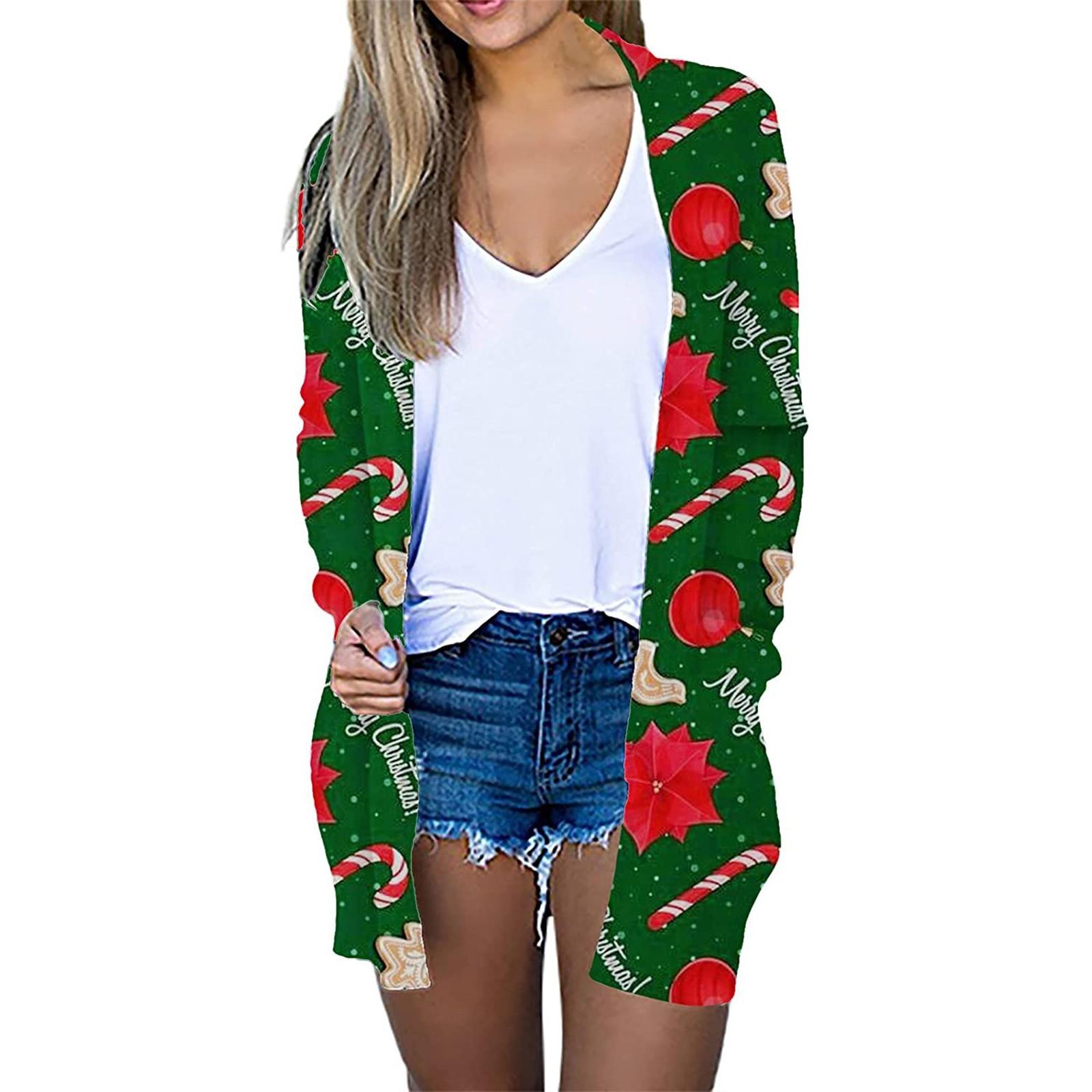 

Женский рождественский кардиган с длинными рукавами и принтом, легкая куртка M зелёный