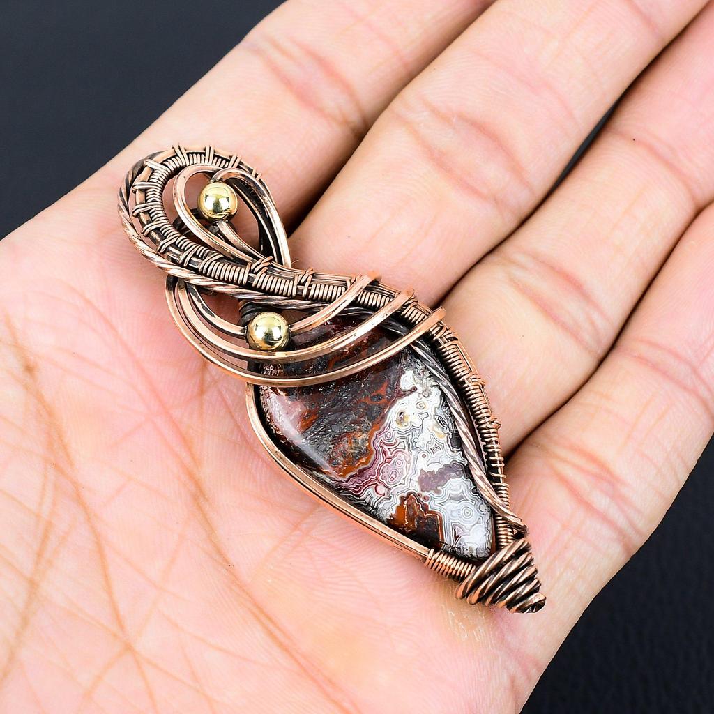 Crazy Lace Agate Gemstone Handmade Pure Copper Wire Wrapped Pendant Jewelry For Women