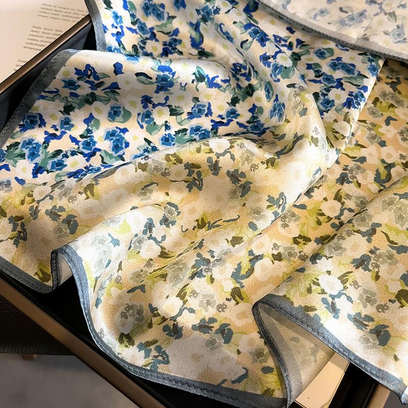 Women 100% Pure Silk Scarf Elegant Floral Printed Small Square Neck Kerchief Bandana Female Echarpe Luxury Hairbands  Spring