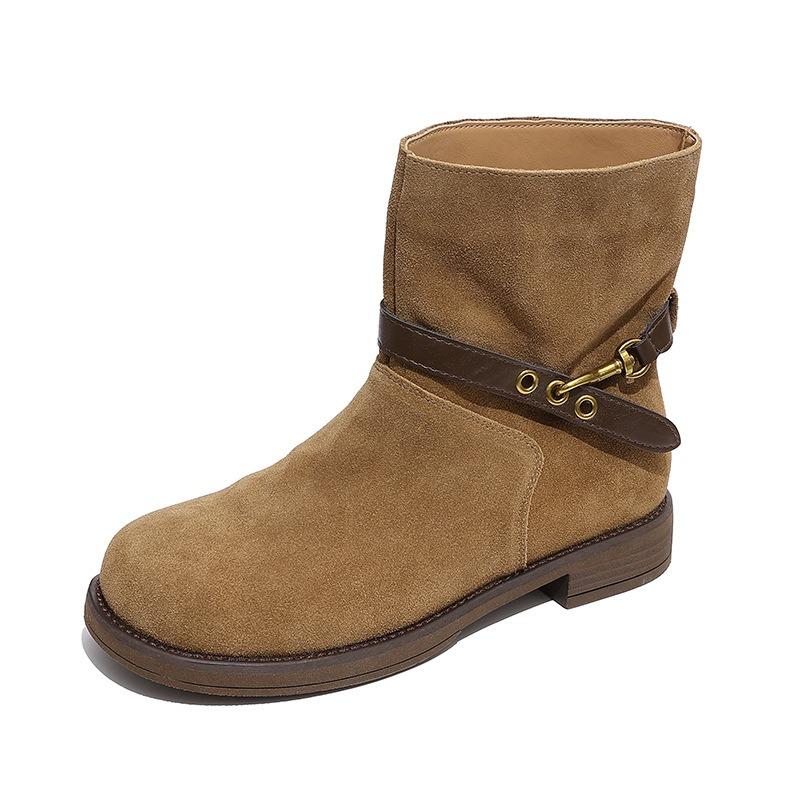 Women's new autumn and winter Martin boots, retro medium tube stacking boots, thin fashion boots, thick heel flat bottom short boots.