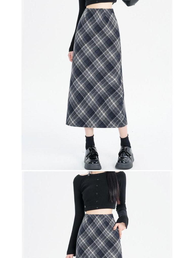 2025 Spring/Autumn High Waist Slit A-line Wool Plaid Midi Skirt for Women