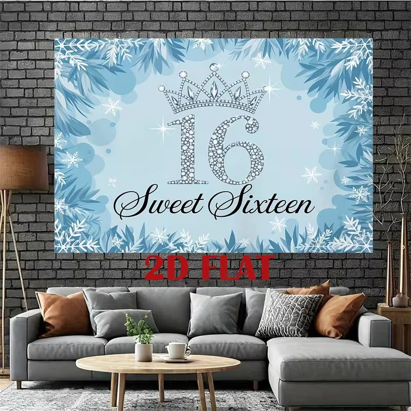 2D Flat Blue Snowflake & Number 16 Photography Background Cloth