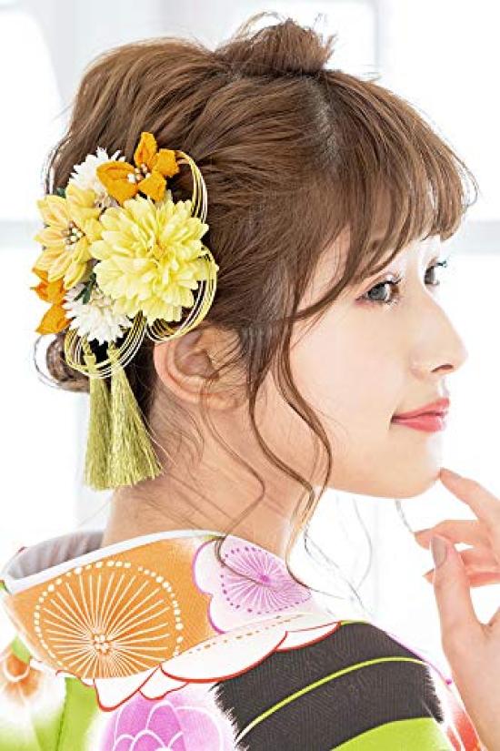 SOUBIEN Hair Ornament for Graduation and Ping Pong Made in Japan Coming-of-Age Ceremonies, 2-Piece Tsumami-Zaiku Set, Yellow, Chrysanthemum, Mums,