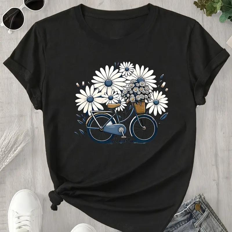 Women Summer T Shirt Retro Fashion Short Sleeve Tees Casual Flower Printed  Tops