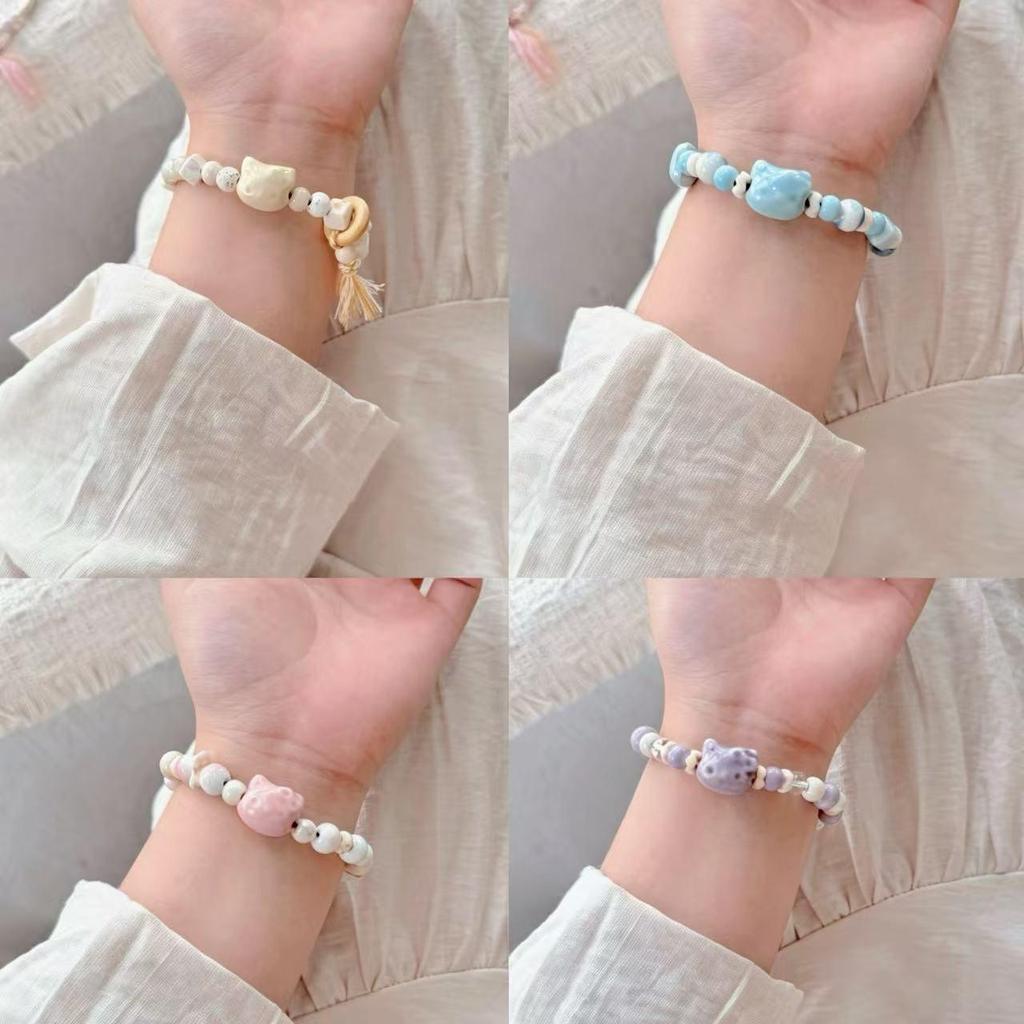 Macaron Ceramic Cat Bracelet - Mori Style Adjustable Woven Bracelet for Soft Girls