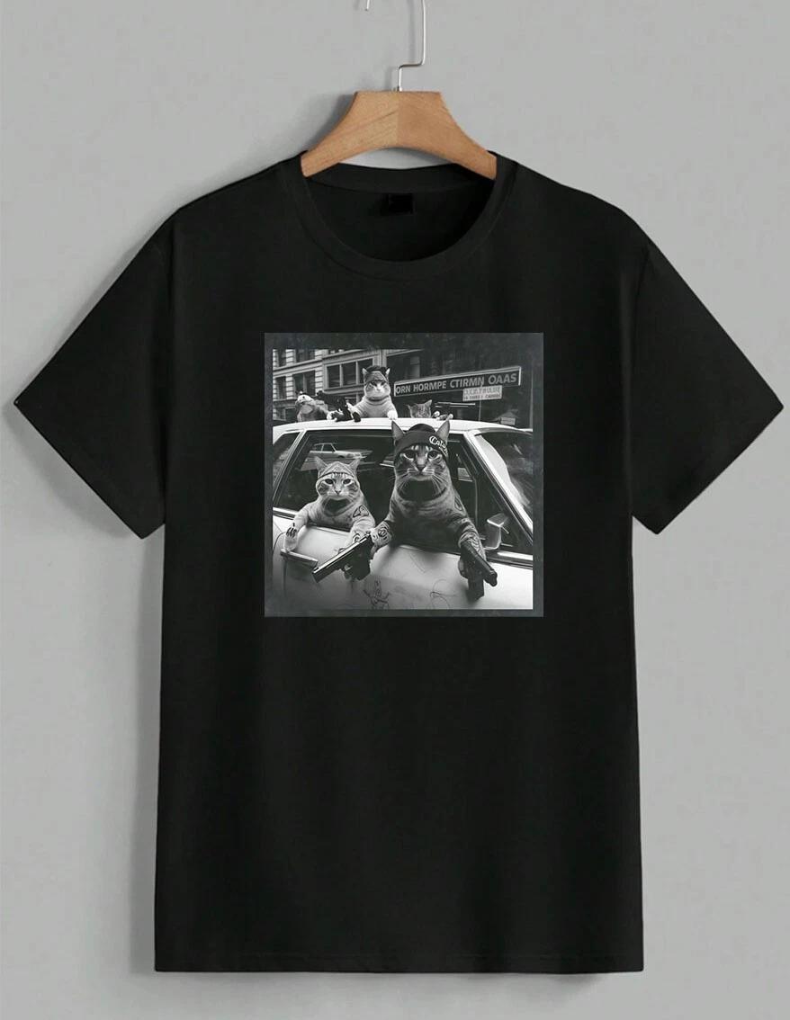 Cat Gangster Funny Thug Life Kitty Streetwear Parody Graphic Tee T-Shirt Unisex XL