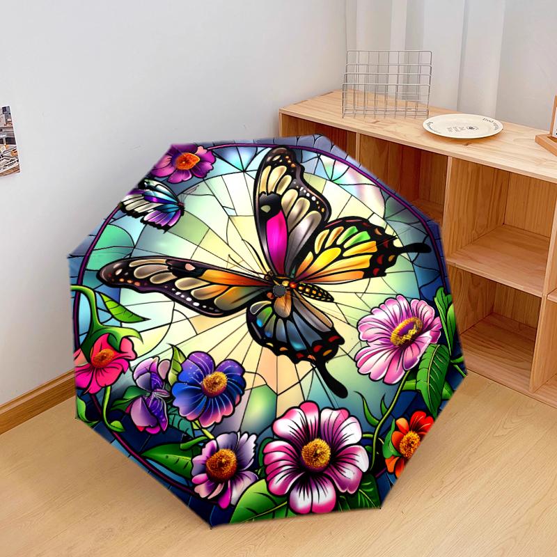 

1 PC Automatic Folding Umbrella - Beautiful butterflie and flower Pattern, Portable & Foldable Design with 8 Ribs, Christmas Birthday Gifts
