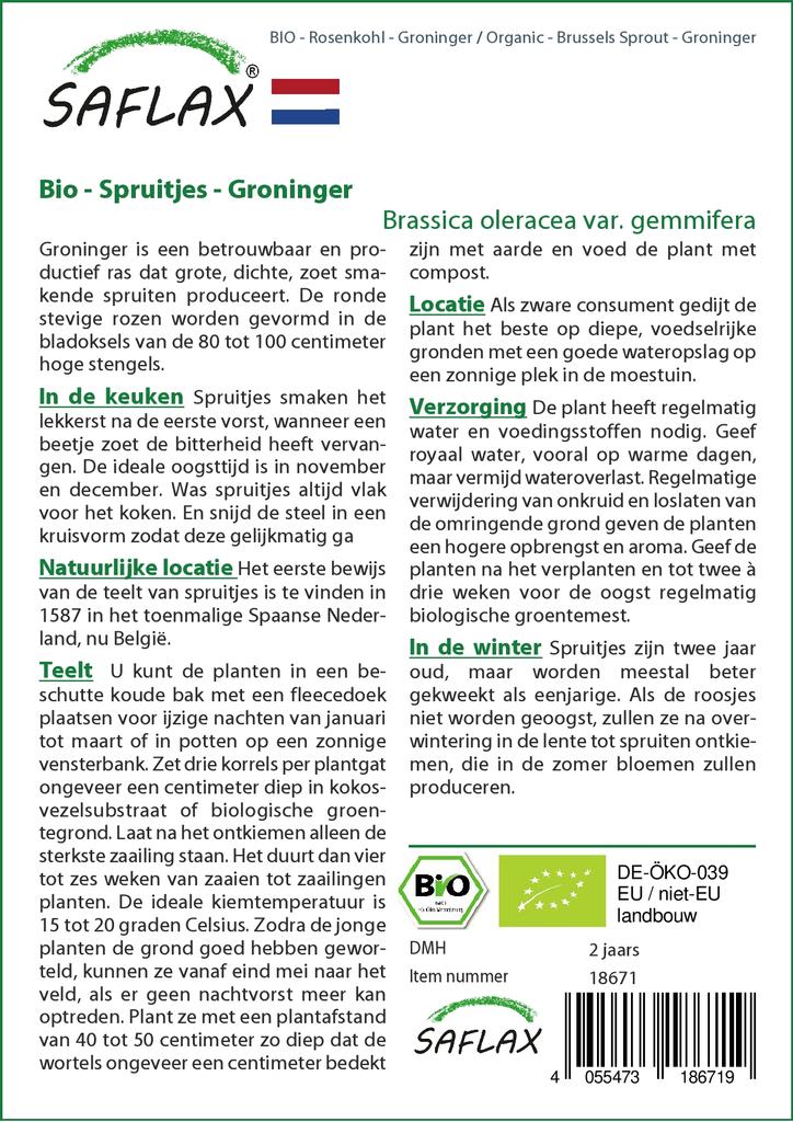 SAFLAX Garden In the Bag - Organic - Brussels Sprout - Groninger - 30 Seeds - With Substrate In a Fitting Stand Up Bag - Brassica Oleracea