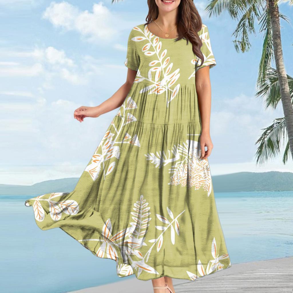 Women Casual Loose Bohemian Floral Dress Short Sleeve Long Maxi Summer Beach Swing Dress