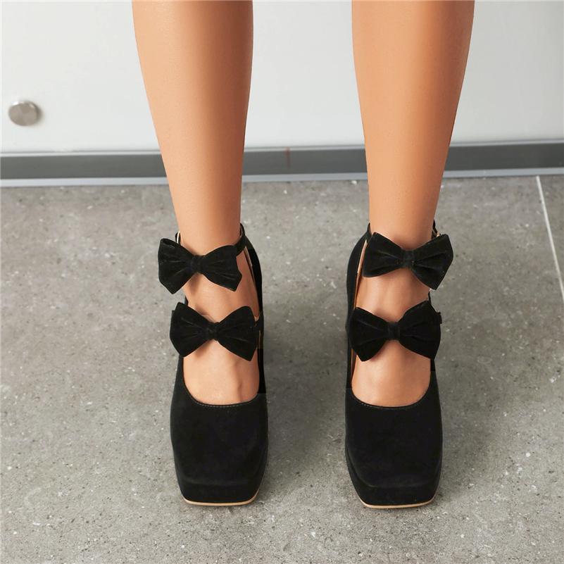 Women Mary Janes Pumps Square Toe Thick High Heels Platform Buckle Bow Glove Shoes Ladies Fashion Shoes Spring Autumn 46