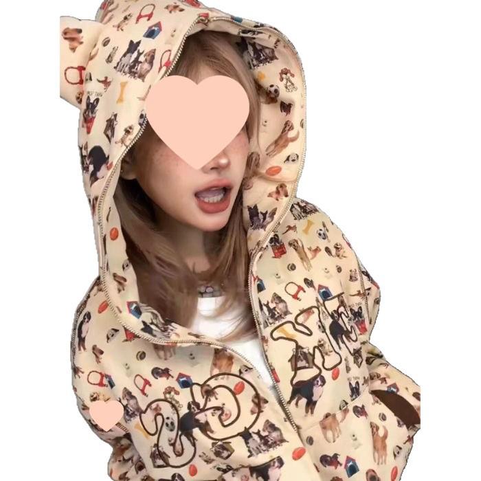 Amerikanisches Retro-Hundedruck-Kapuzensweatshirt für Damen - Herbstlich lässige lockere Strickjacke