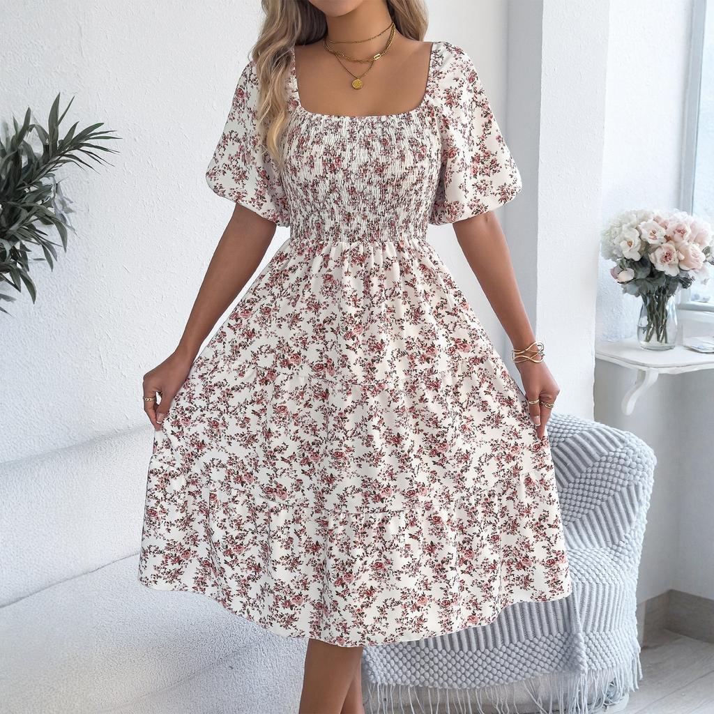 Women's Fashionable Floral Print Square Collar  Short Sleeved Dress With Large Skirt And Loose Fit