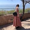 Red Plaid Neck Suspender Dress Women's Summer Temperament Backless Strap Waist Thin Seaside Vacation Dress