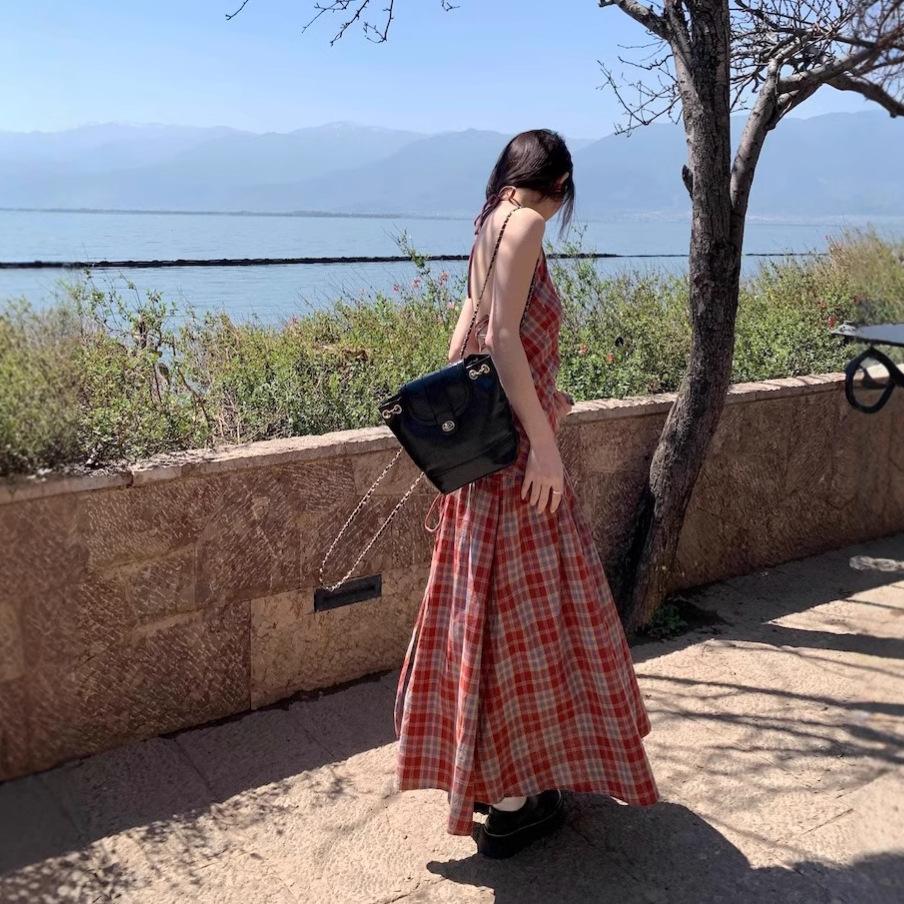 Red Plaid Neck Suspender Dress Women's Summer Temperament Backless Strap Waist Thin Seaside Vacation Dress