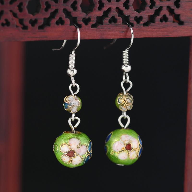 Chinese Cloisonne Retro Round Bead Earrings Handmade Silk Enamel Earrings Simple Antique Cheongsam Earrings Female 12mm
