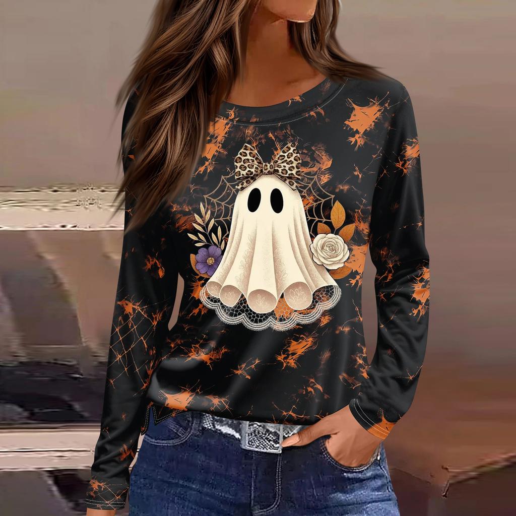 Women's Halloween Print Long Sleeve Top with Side Slits