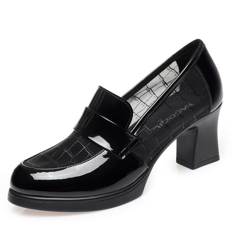 British Style Summer Single Shoes High Heels Waterproof Platform Thick Heel Loafers Mesh Breathable Middle-Aged Leather Shoes