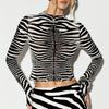 Damen Netz-Top mit Zebramuster, durchsichtig, langärmelig, sexy figurbetont und leicht transparent, Y2K Spice Girl Stil