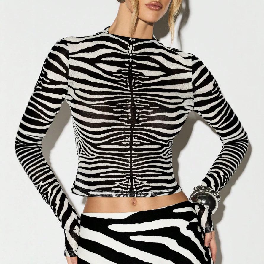 Women s zebra mesh see-through long-sleeved top, sexy slim-fitting and slightly transparent Y2K Spice Girl style XS чёрный