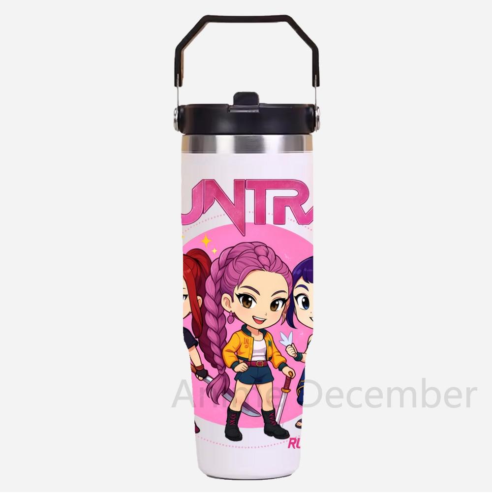 30Oz Anime K-Pop Large Capacity Portable Car Cup Stainless Steel Thermos Cup with Straw Handle Travel Sports Water Bottle Vacuum Flask