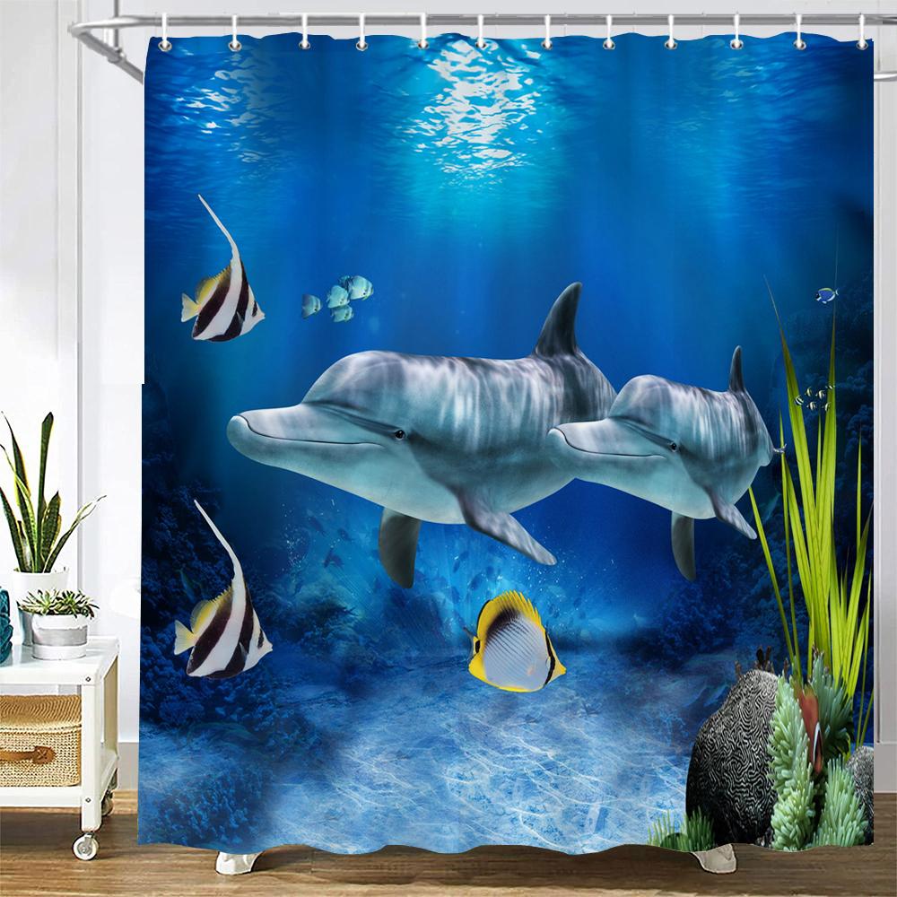 Lovely Dolphin Cartoons Shower Curtains Waterproof Bathroom Curtain 3D Marine Life With Hooks Large Size 240*180Cm Bath Screen