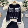 Autumn Winter Women Sweet Print Knitted Sweater Two Piece Set Single Breasted Cardigans Jacket and Mini Short Sheath Skirt Suit