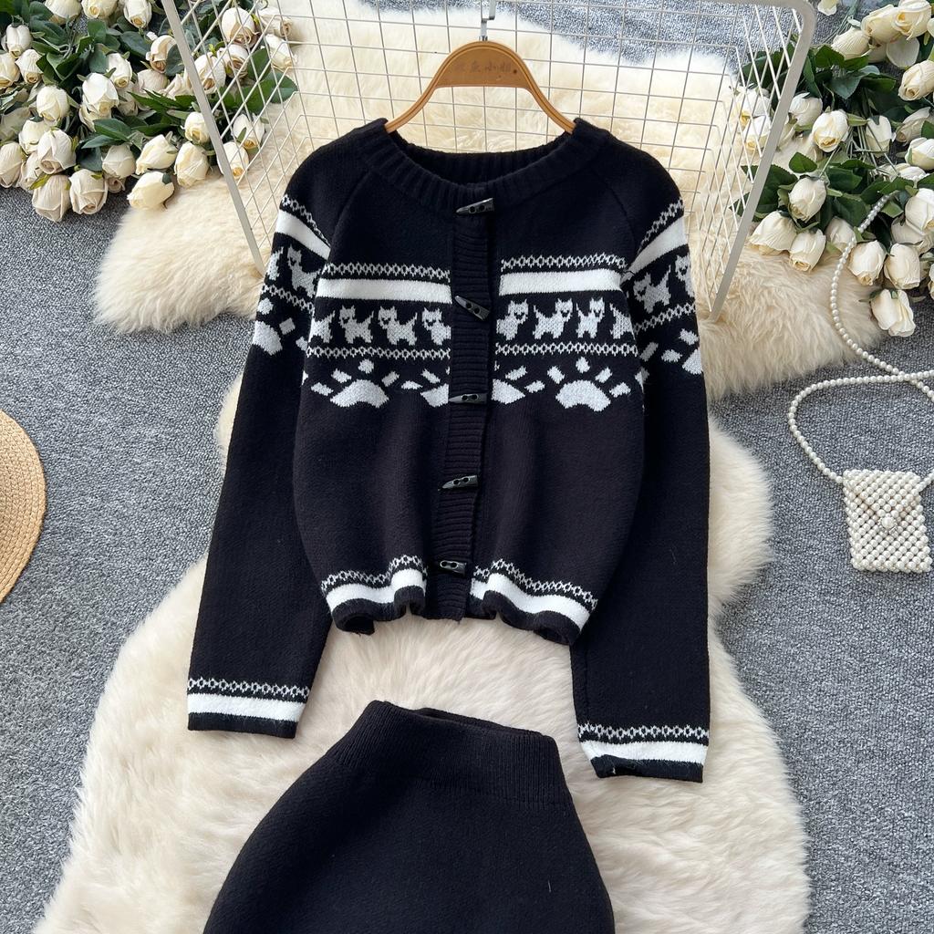 Autumn Winter Women Sweet Print Knitted Sweater Two Piece Set Single Breasted Cardigans Jacket and Mini Short Sheath Skirt Suit