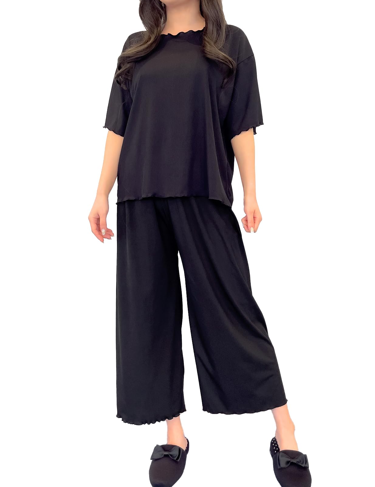 

and smooth ice cool to the top and bottom short long cute L [Ranmy Stage] [Cool pajamas] Women s pajamas, silk, loungewear, touch, set, sleeves, чорний