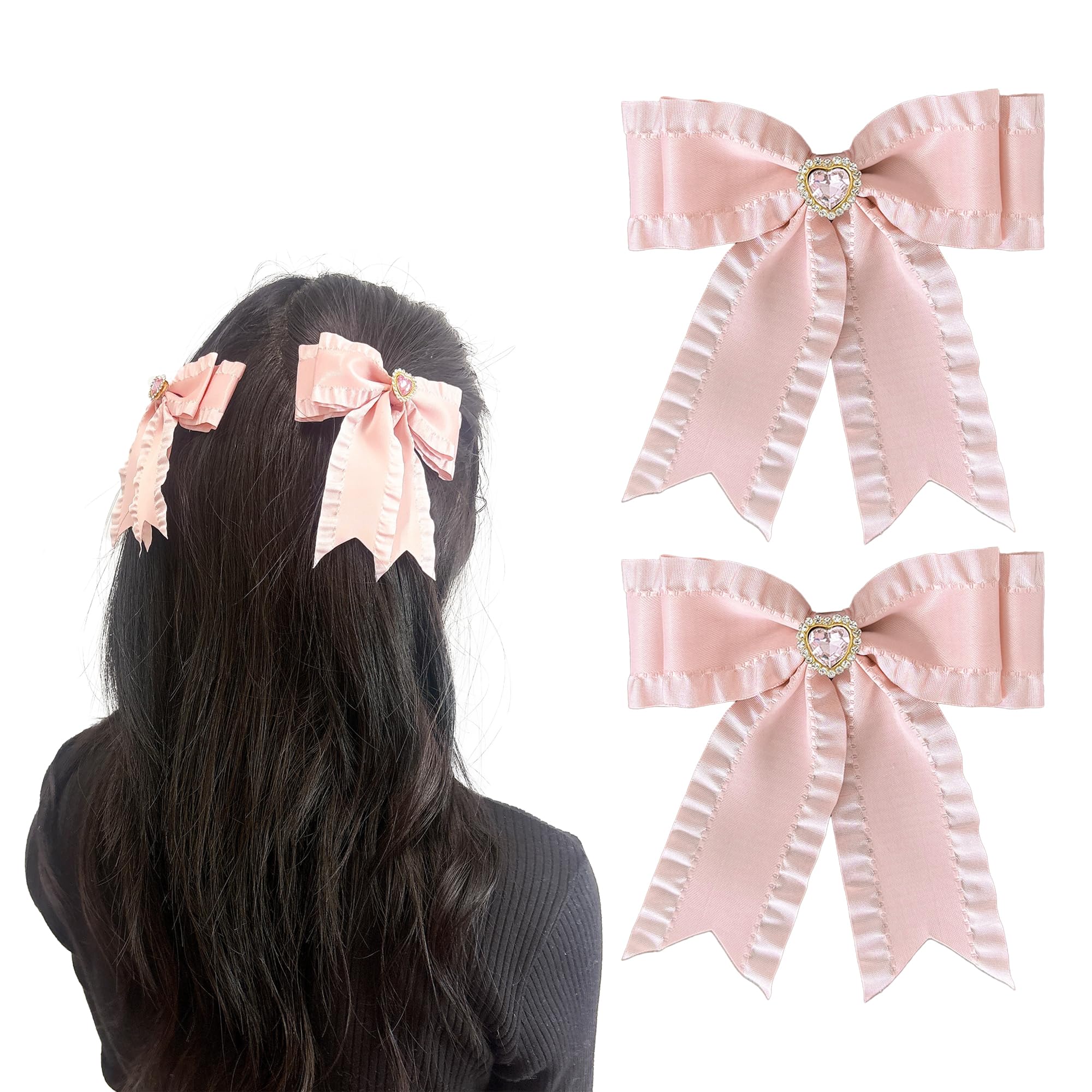Set of 2 Pink Frill Ribbon Clips with Heart Jewel, Lolita, Dreamy Kawaii, Gothic Lolita Hair Clips, Hairpins, Hair Accessories [Used]
