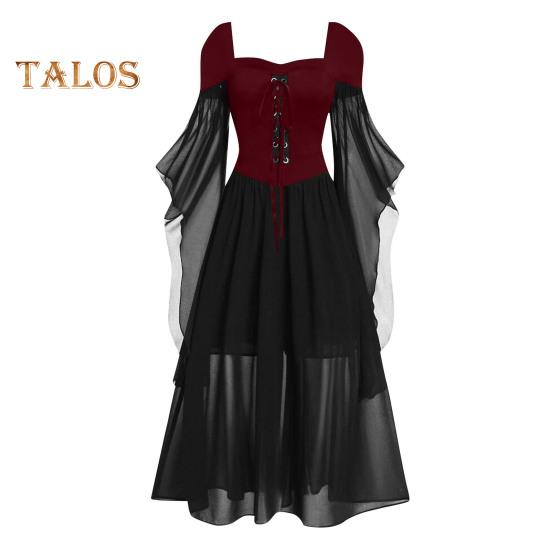 

Vinatge женское платье нерегулярной формы с рукавами из рога, сплошной цвет, трапециевидной формы, большой подол, тонкая талия, плиссированные ремешки на шнуровке, средневековый костюм для Хэллоуина, косплей, костюм для вечеринки 3XL чёрный/красный