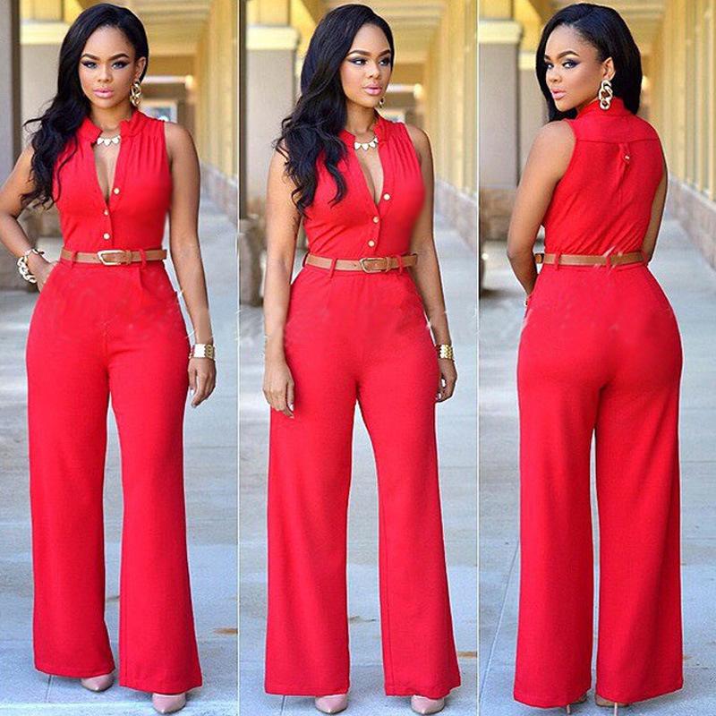 Women's Single-Breasted High Waist Belted Wide Leg Jumpsuit
