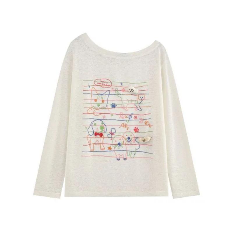 Printed Long-sleeved T-shirt Women's New Sweet and Spicy Loose Thin and Slightly Transparent Spring and Summer Casual Sun Protection Blouse