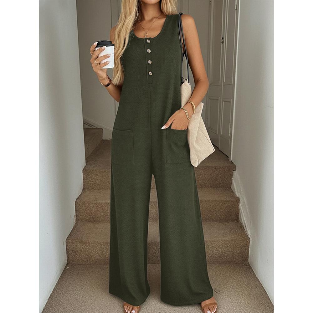 

Women s sleeveless square-neck jumpsuit with wide-leg pockets, casual summer outfit XL зелений