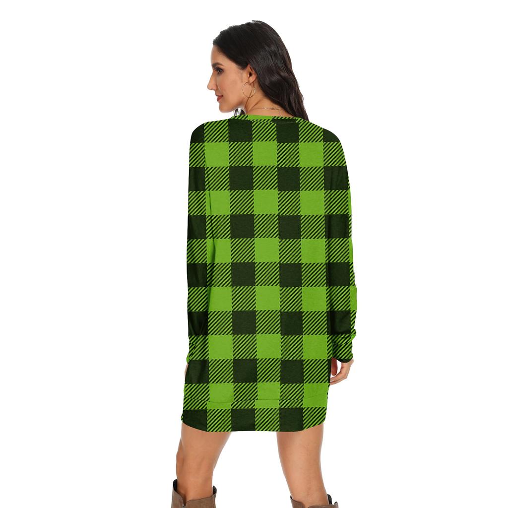 Women's Checked Print Fashionable Long-sleeved Round-neck Pocket Dress