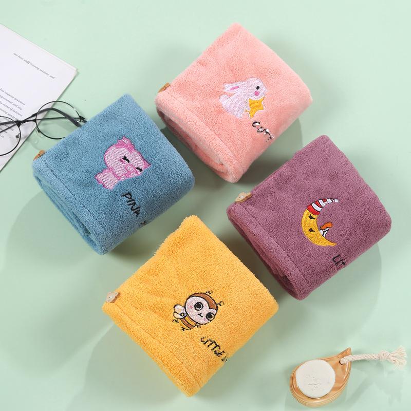 Cartoon Embroidery Coral Fleece Absorbent Dry Hair Cap for Women