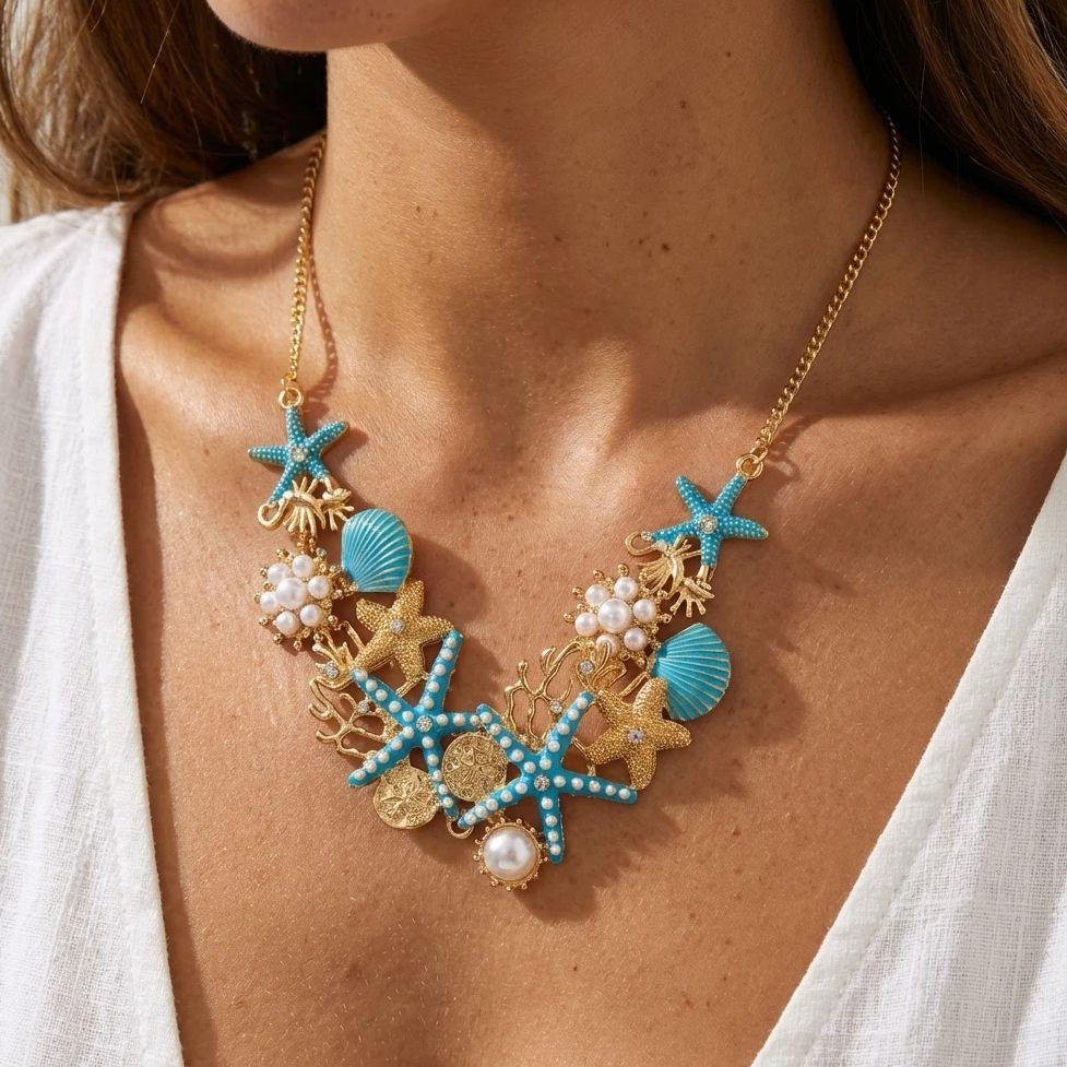Boho Übertriebener Metall Seestern Muschel Perlen Halskette für Frauen Ozean Koralle Kammmuschel Anhänger Halskette Sommer Strand Schmuck Geschenk